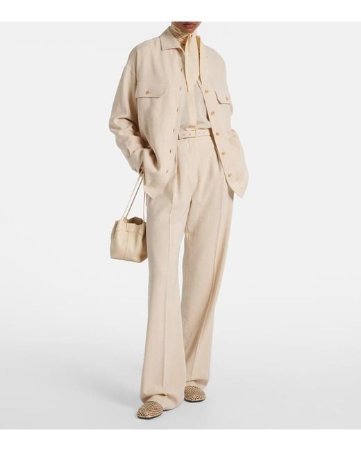 Loro Piana Natural Belted Linen And Wool Straight Pants