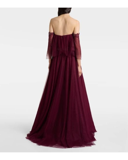 Costarellos Purple Embellished Off-Shoulder Tulle Gown