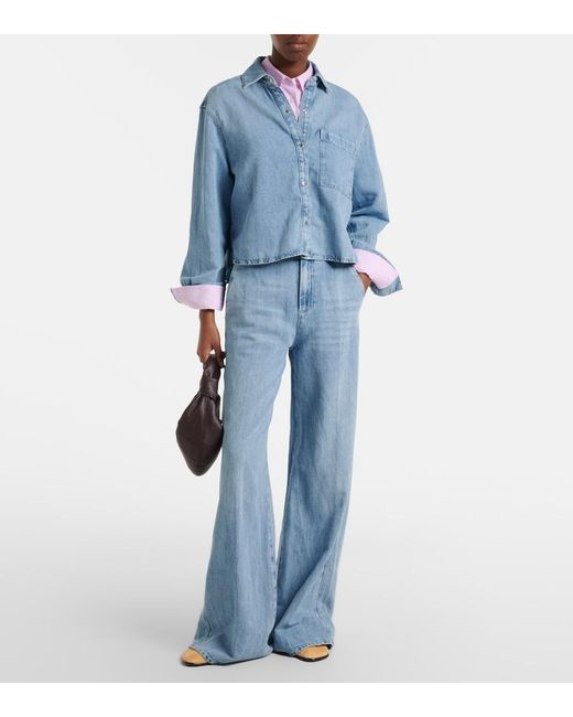 7 For All Mankind Blue Cotton And Linen Wide-Leg Jeans