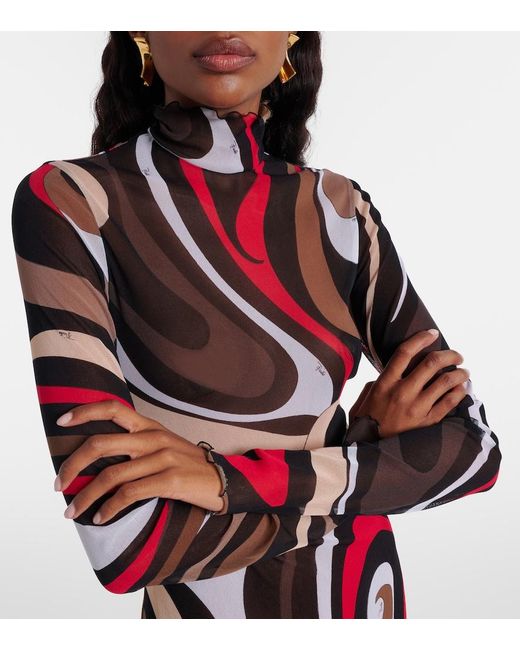 Emilio Pucci Red Printed Tulle-Trimmed Jersey Maxi Dress