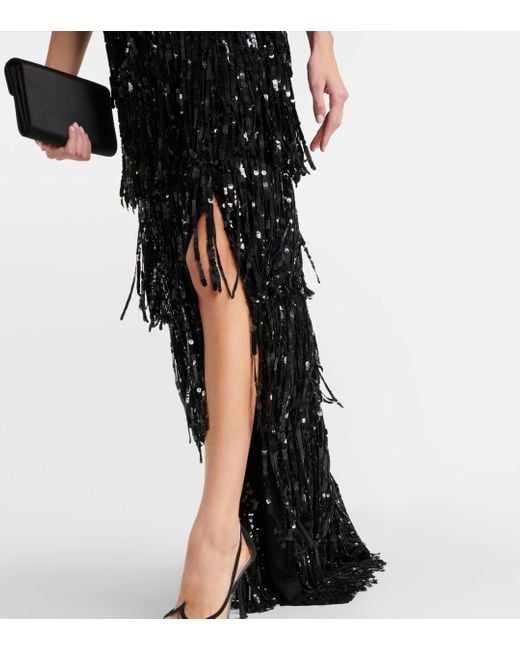 Carolina Herrera Black Fringed Sequined Crepe Halterneck Gown
