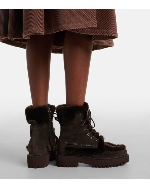 Brunello Cucinelli Black Monili Shearling-Trimmed Suede Lace-Up Boots