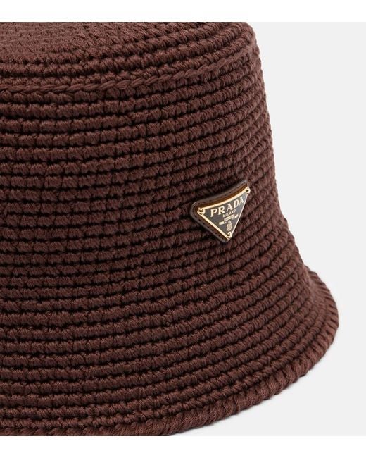 Prada Brown Logo Crochet Cotton Bucket Hat