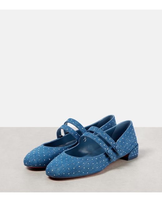 Christian Louboutin Blue Sweet Jane Embellished Denim Mary Jane Flats