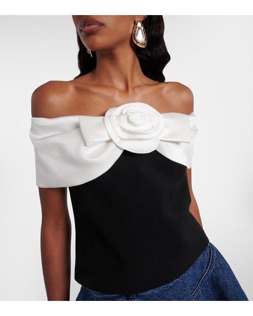 Self-Portrait Black Floral-Applique Off-Shoulder Crepe Top