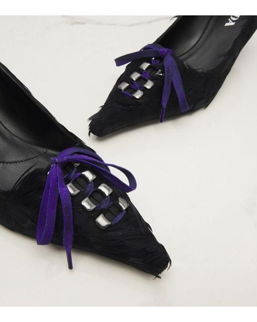 Prada Blue Feather-Trimmed Satin Pumps