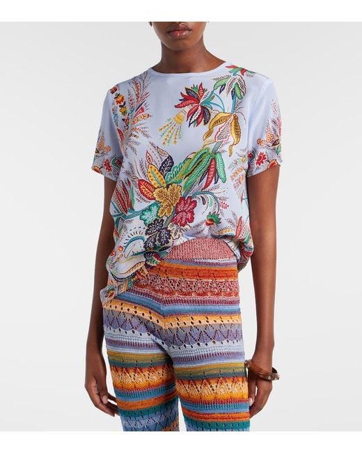 Etro Blue Paisley Silk Crepe De Chine Top