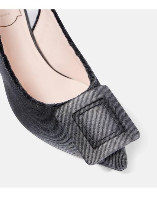 Roger Vivier Black Fringed Denim Slingback Pumps