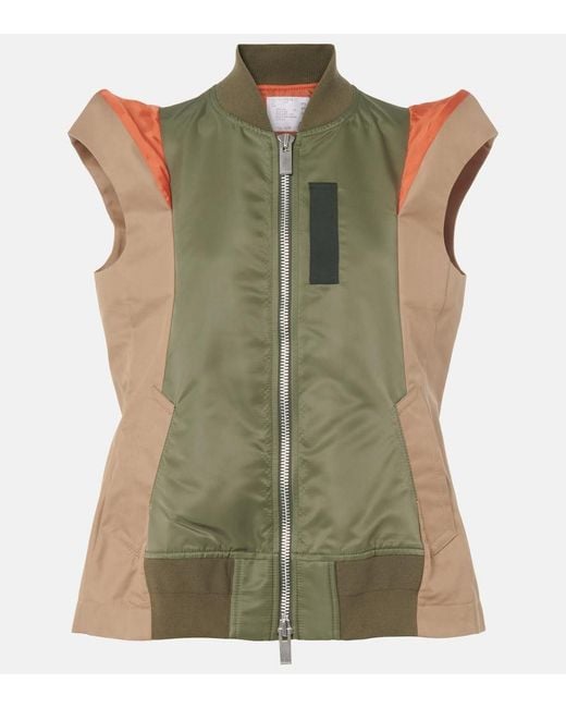 Sacai Green Paneled Twill And Gabardine Vest