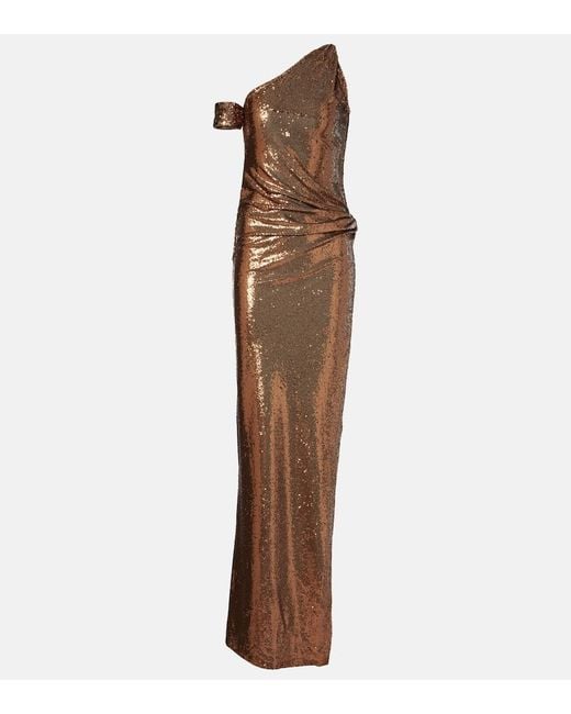 The New Arrivals Ilkyaz Ozel Brown Lizette Sequined One-Shoulder Gown