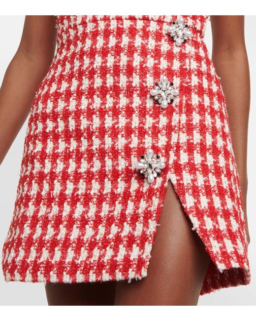 Self-Portrait Red Crystal-embellished Metallic-bouclé Woven Mini Dress