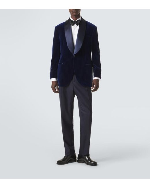 Brunello Cucinelli Blue Pinstripe Cotton Velvet Tuxedo Jacket for men