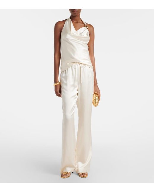 Rebecca Vallance Natural Elise Silk Satin Flared Pants