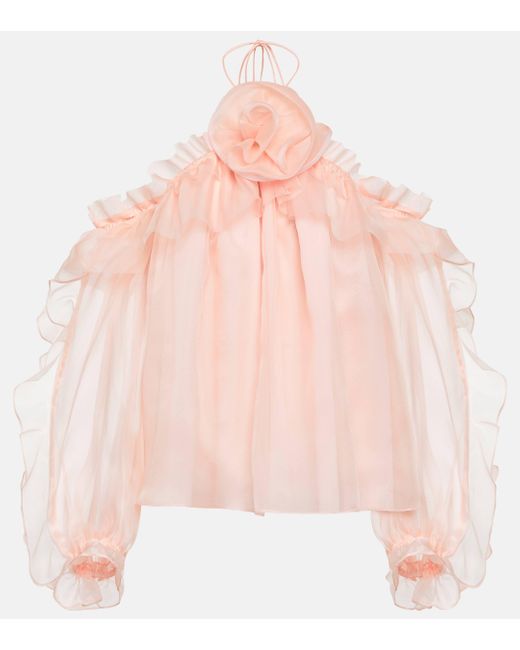 Carolina Herrera Pink Floral-applique Silk Blouse