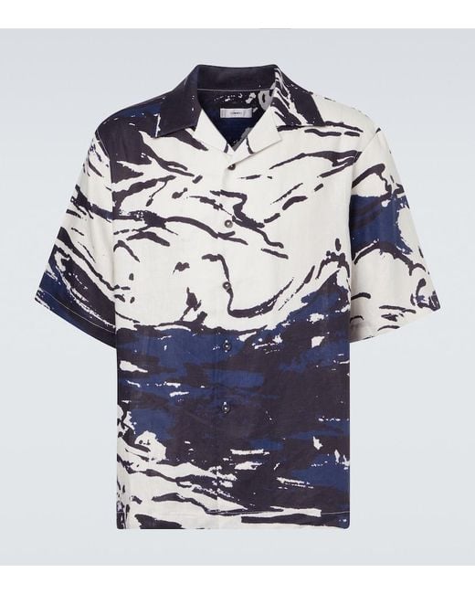 Commas Blue Printed Linen Bowling Shirt for men