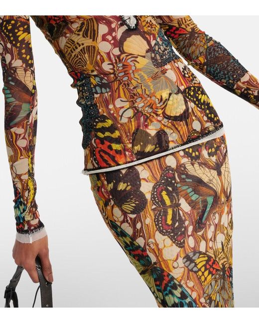 Jean Paul Gaultier Brown Printed Lace-Trimmed Mesh Top