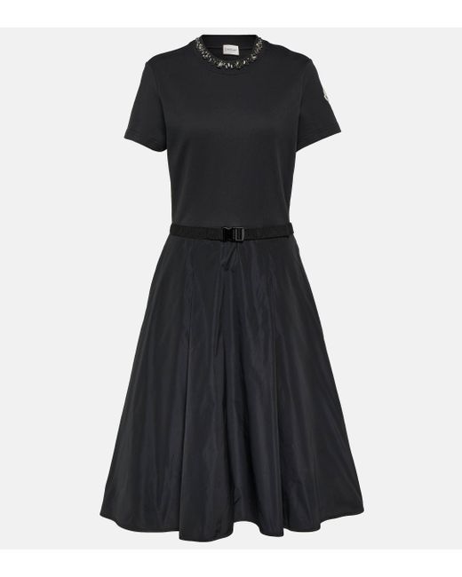 Moncler Black Belted Embellished Cotton Midi Dress
