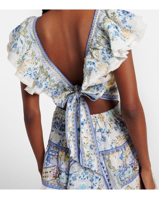 Camilla Blue Embellished Floral Linen Minidress