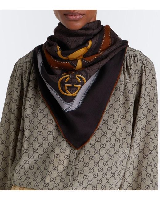 Gucci Brown Gg Jacquard Wool And Silk Scarf
