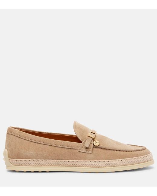 Tod's Natural Raffia-Trimmed Suede Loafers