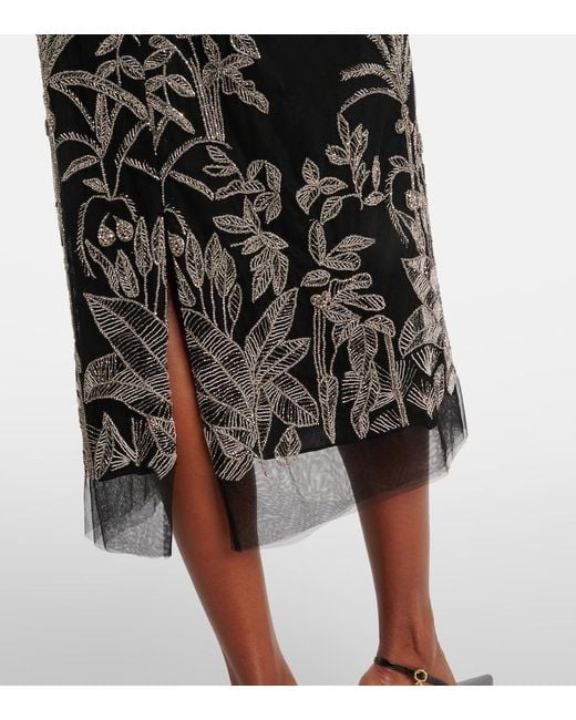 Costarellos Black Leyla Beaded Tulle Midi Skirt