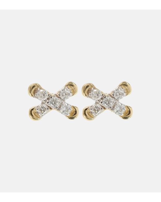 STONE AND STRAND Metallic Diamond Cross Stitch 14kt Gold Stud Earrings With White Diamonds
