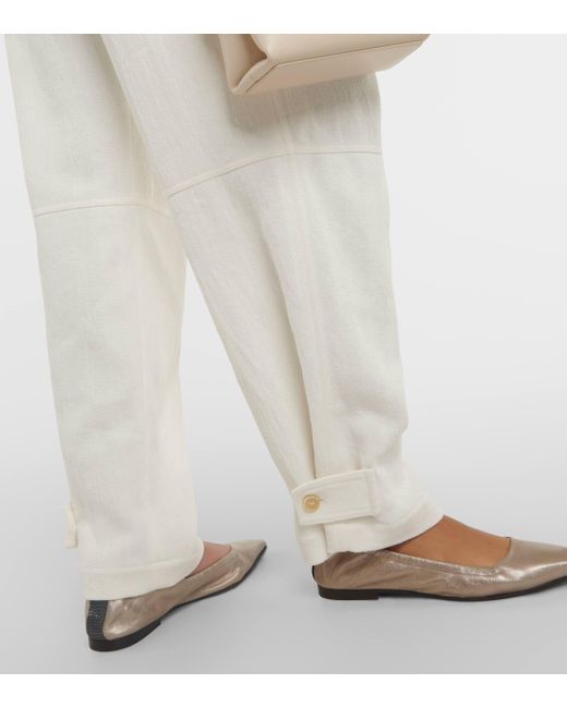 Brunello Cucinelli White Herringbone Cotton And Linen Straight Pants