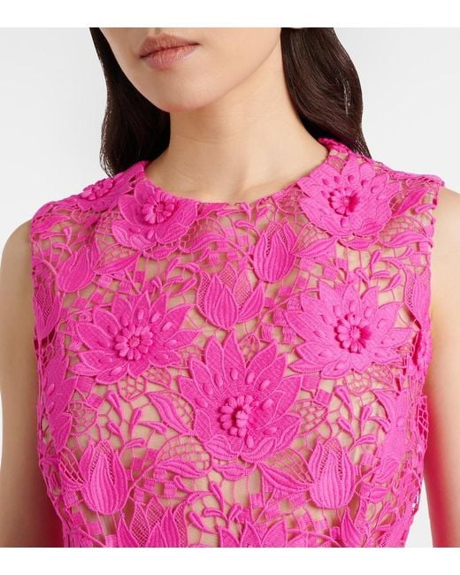 Oscar de la Renta Pink Belted Guipure Lace Midi Dress