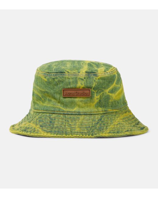 Acne Green Logo Dyed Denim Bucket Hat