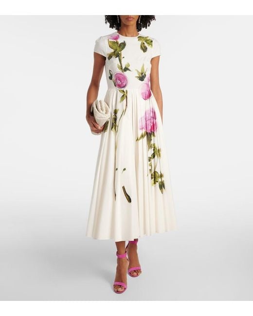 Oscar de la Renta White Floral Cotton-Blend Poplin Midi Dress