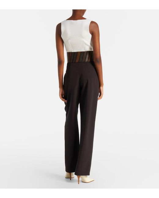 Alaïa Black Leather-Trimmed Wool Straight Pants