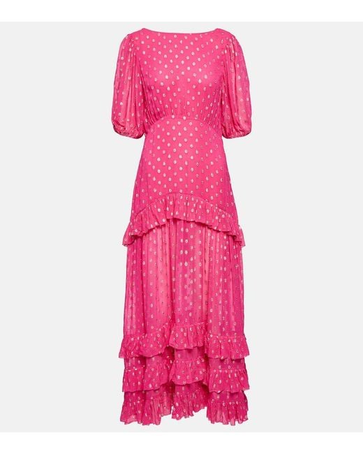 Rixo Pink Shireen Ruffled Polka-dot Metallic Fil Coupé Maxi Dress