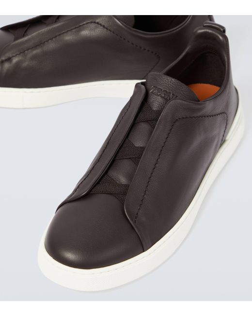 Zegna Brown Triple Stitch Leather Sneakers for men