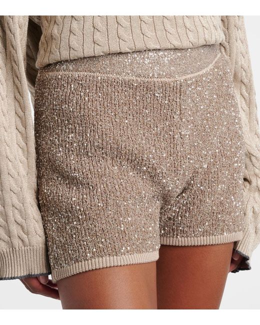 Brunello Cucinelli Natural Sequined Ribbed-Knit Cotton Shorts