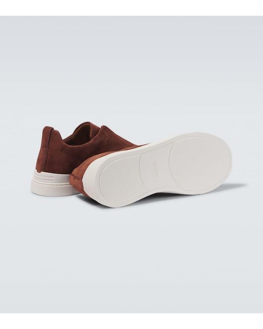 Zegna Brown Triple Stitch Low Suede Sneakers for men