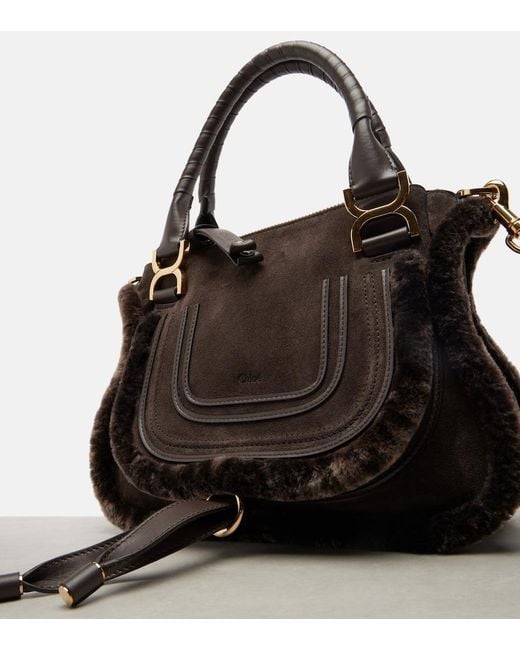 Chloé Black Marcie Small Shearling-Trimmed Suede Tote Bag