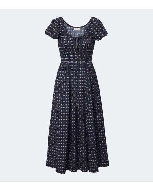 Doen Blue Quinn Printed Cotton Poplin Midi Dress