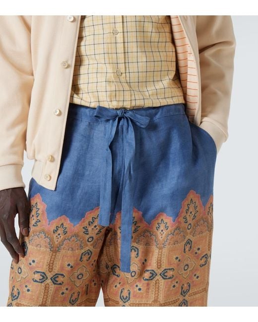 Valentino Blue Printed Linen Wide-Leg Pants for men