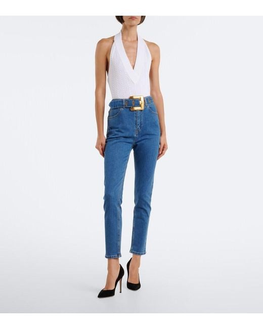 Balmain Blue Belted High-Rise Cropped Jeans