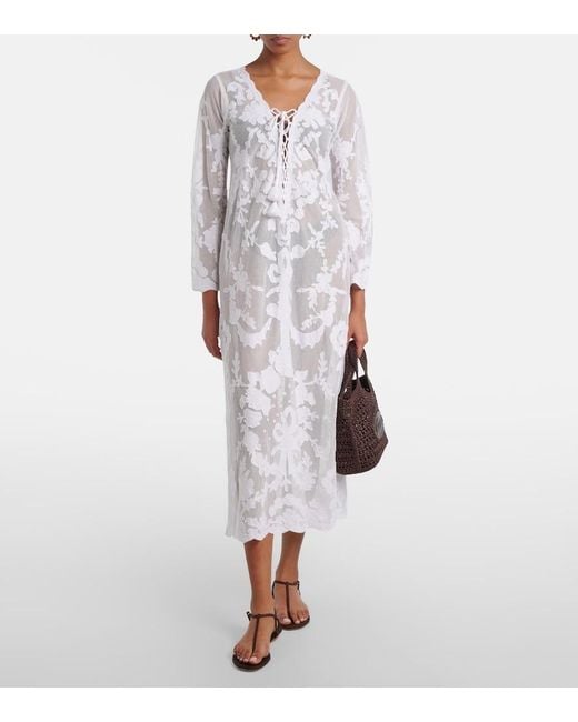 Juliet Dunn White Embroidered Sheer Cotton Kaftan