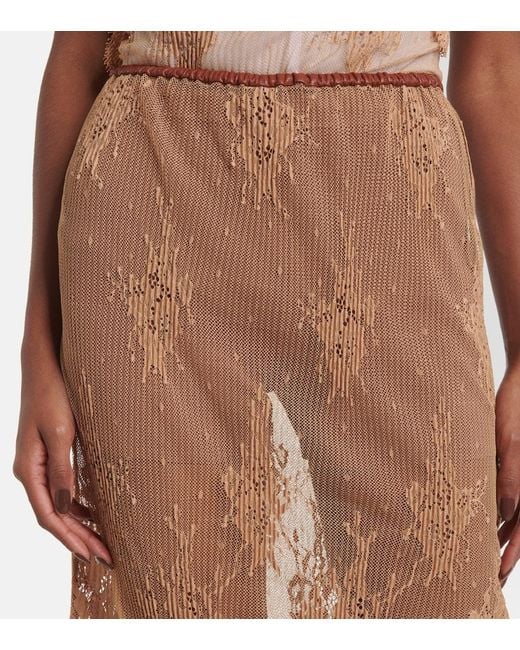 JACQUES WEI Brown Layered Leather-Trimmed Lace Midi Skirt