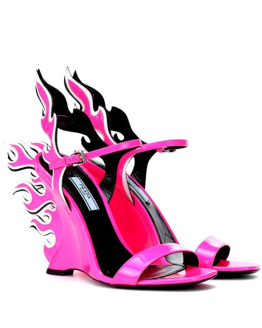 Prada Pink Flame Patent Leather Wedge Sandals