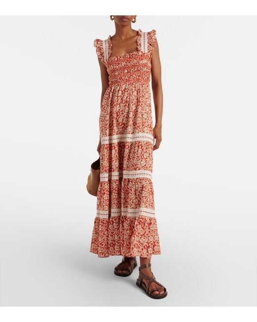 Rixo Orange Aubrie Floral Smocked Cotton Midi Dress