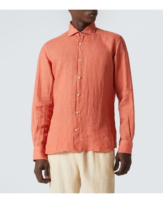 Fedeli Orange Linen Oxford Shirt for men