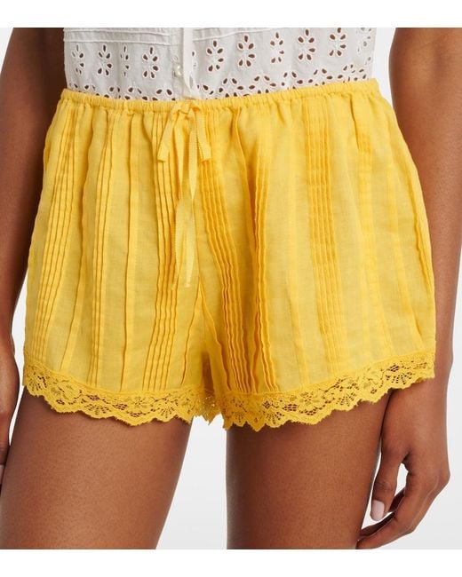 Doen Yellow Leda Lace-Trimmed Shorts