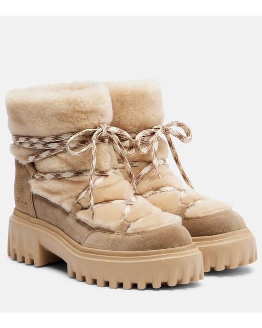 Hogan Natural Shearling And Suede Ankle Boots