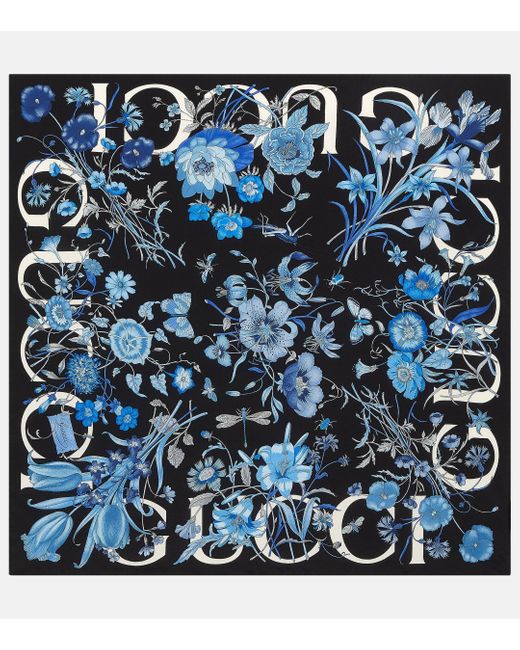 Foulard en soie a fleurs Gucci en coloris Blue