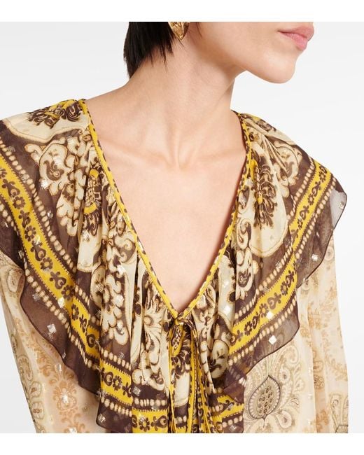 Etro Natural Ruffled Paisley Silk-Blend Blouse