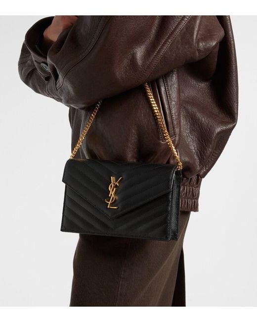 Saint Laurent Black Cassandre Envelope Small Leather Wallet On Chain
