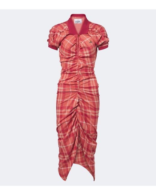 Vivienne Westwood Red Pulling Checked Ruched Cotton Midi Dress